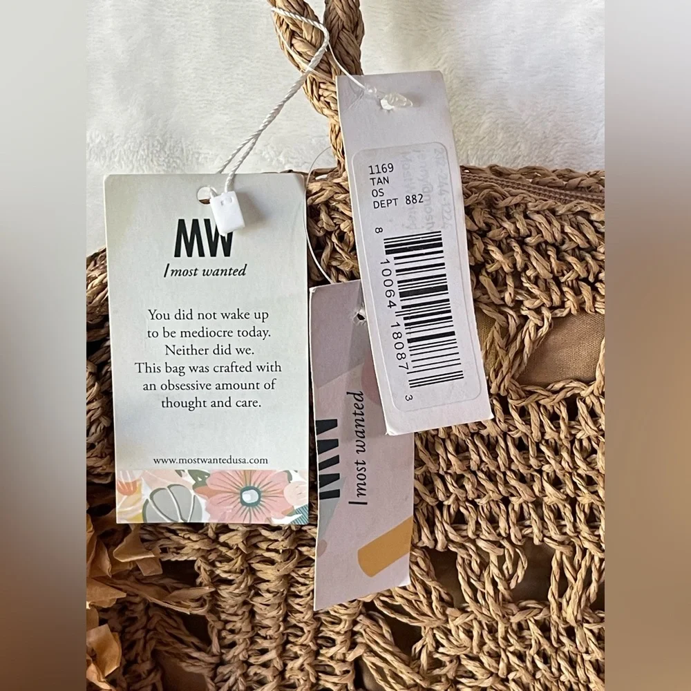 Most Wanted USA Seagrass Woven Tote new with tags tan brown color zip shoulder - Picture 4 of 5
